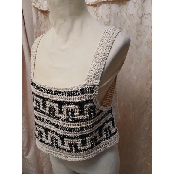 Crochet Bohemian Half Top Womens Sz L Beige Semi Sheer Cropped Festival Coquette - Picture 5 of 16